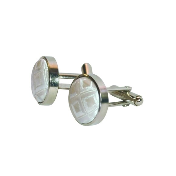 White Patterned Fabric Cufflinks With Silver Tone Metal Finish - Picture 4 of 4